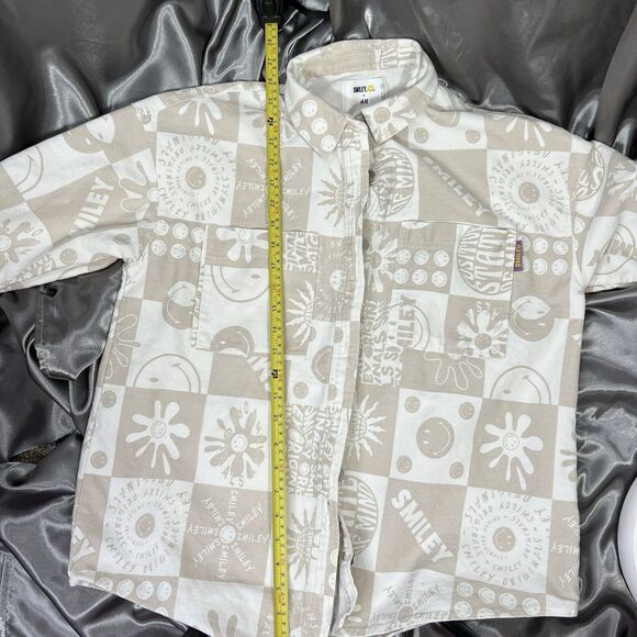 Smiley X H&M Womens XS Oversized Denim Shacket Shirt Beige White Button Up Smile - Picture 9 of 14
